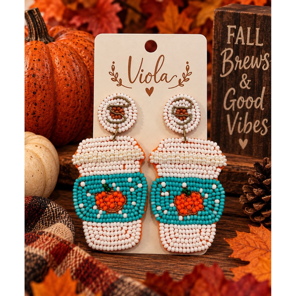 Pumpkin Spice Latte Seed Bead Earrings Coffee Cup Fall Statement Jewelry